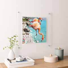 83 Oranges Flamingos on the Beach Wildlife Floating Acrylic Print