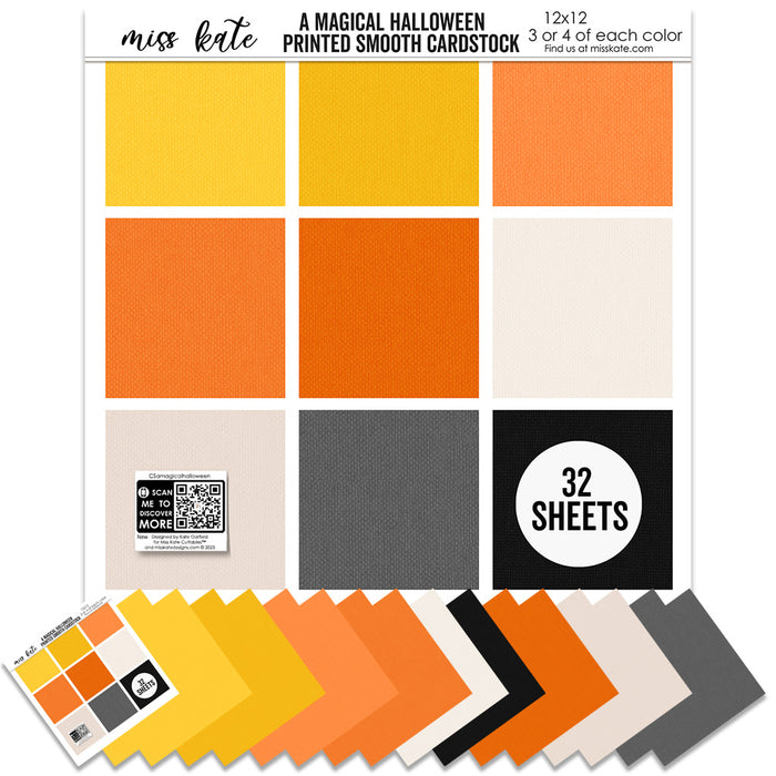 A Magical Halloween Cardstock, main product image, showing 12x12 printed smooth cardstock for scrapbook page bases, photo mats, card making, die cutting, titles, borders, and layered paper projects. Buyer theme: Orange Black Halloween Printed Smooth Cardstock. A Magical Halloween Printed Smooth Cardstock in nine yellow, orange, white, gray and black linen-look colors for Halloween paper crafting