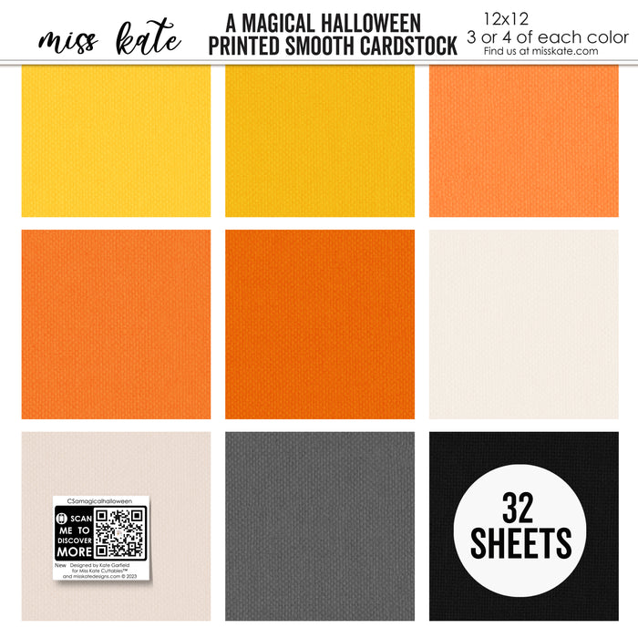 A Magical Halloween Cardstock, high resolution cover image, showing 12x12 printed smooth cardstock for scrapbook page bases, photo mats, card making, die cutting, titles, borders, and layered paper projects. Buyer theme: Orange Black Halloween Printed Smooth Cardstock. A Magical Halloween Printed Smooth Cardstock in nine yellow, orange, white, gray and black linen-look colors for Halloween paper crafting