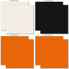 A Magical Halloween Cardstock, cardstock paper patterns 17 through 24 preview, showing 12x12 printed smooth cardstock for scrapbook page bases, photo mats, card making, die cutting, titles, borders, and layered paper projects. Buyer theme: Orange Black Halloween Printed Smooth Cardstock. A Magical Halloween Printed Smooth Cardstock in nine yellow, orange, white, gray and black linen-look colors for Halloween paper crafting