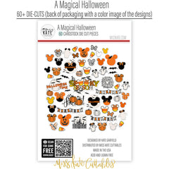 A Magical Halloween Die Cuts, back packaging image, showing pre-cut scrapbook embellishments for layouts, handmade cards, journals, mini albums, memory pages, and layered paper crafts. Buyer theme: Halloween Die Cuts & Theme Park Ephemera. A Magical Halloween die cuts with pumpkins, ghosts, candy corn, bats, spiderwebs, bows, mouse-ear silhouettes, castle art and Halloween phrases. Use the coordinating pieces to layer around photographs, journaling, titles, and paper details