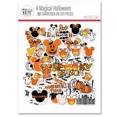 A Magical Halloween Die Cuts, packaging image, showing pre-cut scrapbook embellishments for layouts, handmade cards, journals, mini albums, memory pages, and layered paper crafts. Buyer theme: Halloween Die Cuts & Theme Park Ephemera. A Magical Halloween die cuts with pumpkins, ghosts, candy corn, bats, spiderwebs, bows, mouse-ear silhouettes, castle art and Halloween phrases. Scrapbook die cuts, paper embellishments, card making accents, journal decorations, and layered paper craft supplies