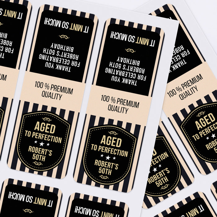 XOXOKristen printed sheets of milestone birthday favor stickers with elegant black shield design and stripe background – XOXOKristen