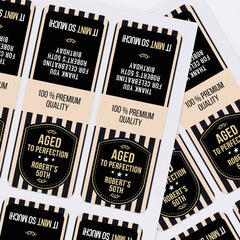 XOXOKristen printed sheets of milestone birthday favor stickers with elegant black shield design and stripe background – XOXOKristen