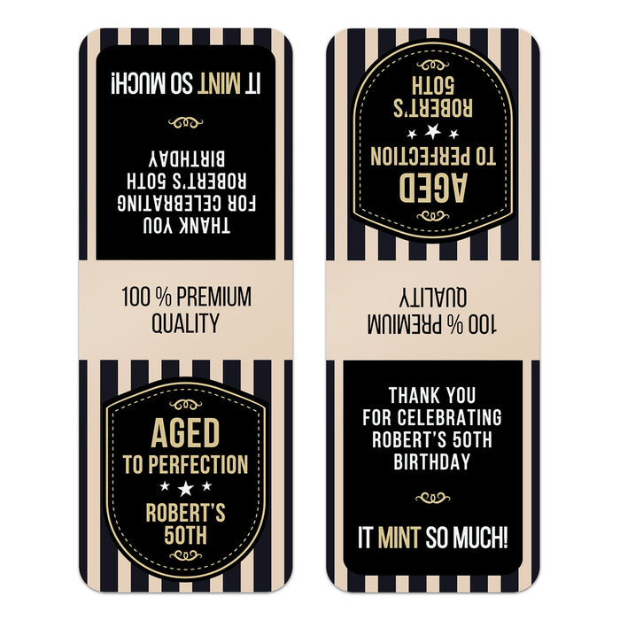 XOXOKristen close-up of “Aged to Perfection” personalized Tic Tac favor sticker with gold lettering and celebratory accents – XOXOKristen
