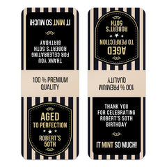 XOXOKristen close-up of “Aged to Perfection” personalized Tic Tac favor sticker with gold lettering and celebratory accents – XOXOKristen