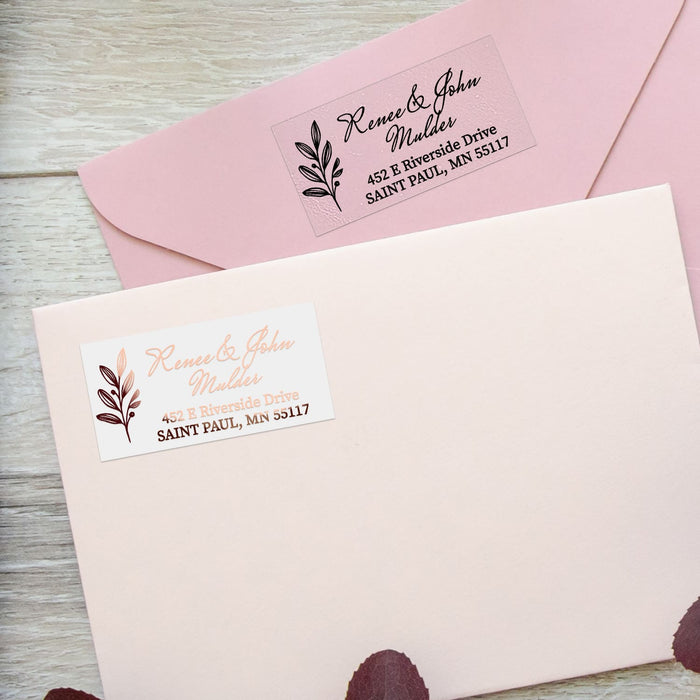 XOXOKristen return address label stickers with black and rose gold print, shown on pink envelopes, elegant personalized mailing labels - XOXOKristen