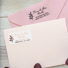 XOXOKristen return address label stickers with black and rose gold print, shown on pink envelopes, elegant personalized mailing labels - XOXOKristen