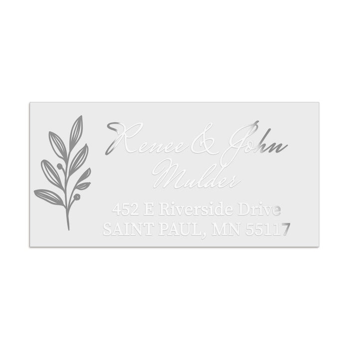 XOXOKristen personalized silver foil return address label with botanical motif and calligraphy text, glossy clear mailing sticker - XOXOKristen