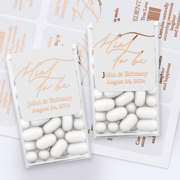 XOXOKristen custom “Mint to Be” labels with rose gold foil printing on white labels, displayed on sheets for wedding favors – XOXOKristen