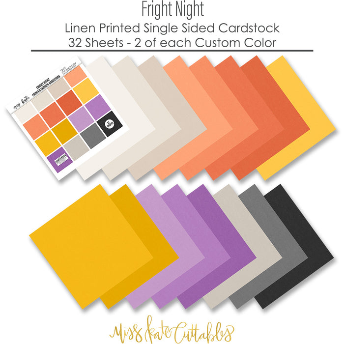 Fright Night Cardstock, papers spread out image, showing 12x12 printed smooth cardstock for scrapbook page bases, photo mats, card making, die cutting, titles, borders, and layered paper projects. Buyer theme: Orange Purple Halloween Printed Smooth Cardstock. Fright Night Printed Smooth Cardstock in sixteen coordinating cream, orange, yellow, lavender and gray linen-look colors for Halloween paper crafting