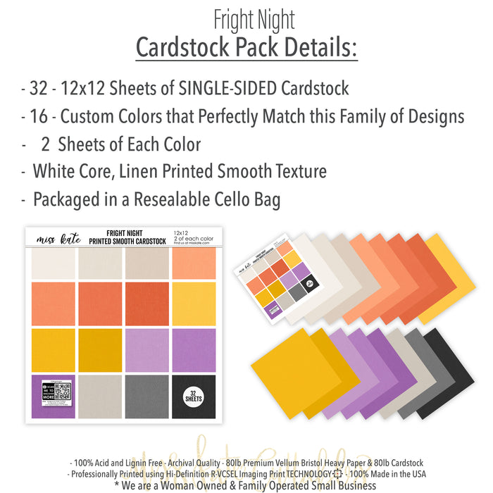 Fright Night Cardstock, includes image, showing 12x12 printed smooth cardstock for scrapbook page bases, photo mats, card making, die cutting, titles, borders, and layered paper projects. Buyer theme: Orange Purple Halloween Printed Smooth Cardstock. Fright Night Printed Smooth Cardstock in sixteen coordinating cream, orange, yellow, lavender and gray linen-look colors for Halloween paper crafting