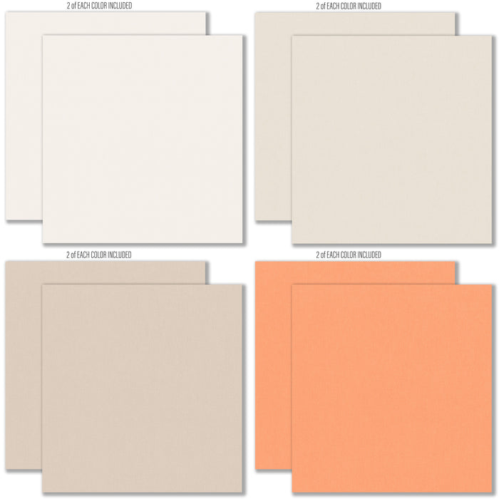 Fright Night Cardstock, cardstock paper patterns 1 through 8 preview, showing 12x12 printed smooth cardstock for scrapbook page bases, photo mats, card making, die cutting, titles, borders, and layered paper projects. Buyer theme: Orange Purple Halloween Printed Smooth Cardstock. Fright Night Printed Smooth Cardstock in sixteen coordinating cream, orange, yellow, lavender and gray linen-look colors for Halloween paper crafting
