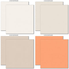Fright Night Cardstock, cardstock paper patterns 1 through 8 preview, showing 12x12 printed smooth cardstock for scrapbook page bases, photo mats, card making, die cutting, titles, borders, and layered paper projects. Buyer theme: Orange Purple Halloween Printed Smooth Cardstock. Fright Night Printed Smooth Cardstock in sixteen coordinating cream, orange, yellow, lavender and gray linen-look colors for Halloween paper crafting