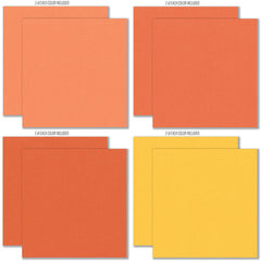 Fright Night Cardstock, cardstock paper patterns 9 through 16 preview, showing 12x12 printed smooth cardstock for scrapbook page bases, photo mats, card making, die cutting, titles, borders, and layered paper projects. Buyer theme: Orange Purple Halloween Printed Smooth Cardstock. Fright Night Printed Smooth Cardstock in sixteen coordinating cream, orange, yellow, lavender and gray linen-look colors for Halloween paper crafting