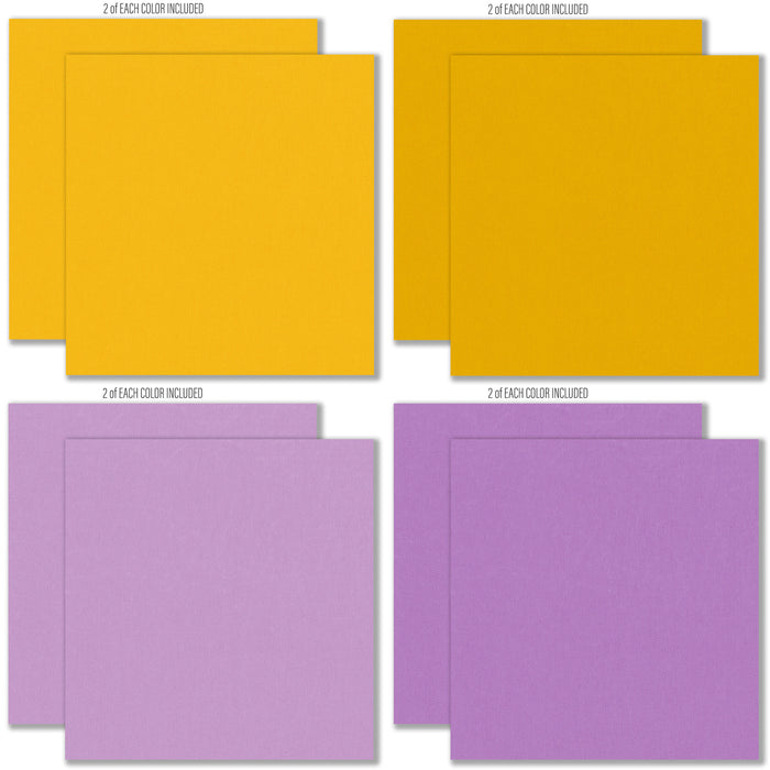 Fright Night Cardstock, cardstock paper patterns 17 through 24 preview, showing 12x12 printed smooth cardstock for scrapbook page bases, photo mats, card making, die cutting, titles, borders, and layered paper projects. Buyer theme: Orange Purple Halloween Printed Smooth Cardstock. Fright Night Printed Smooth Cardstock in sixteen coordinating cream, orange, yellow, lavender and gray linen-look colors for Halloween paper crafting