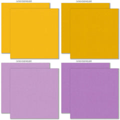 Fright Night Cardstock, cardstock paper patterns 17 through 24 preview, showing 12x12 printed smooth cardstock for scrapbook page bases, photo mats, card making, die cutting, titles, borders, and layered paper projects. Buyer theme: Orange Purple Halloween Printed Smooth Cardstock. Fright Night Printed Smooth Cardstock in sixteen coordinating cream, orange, yellow, lavender and gray linen-look colors for Halloween paper crafting