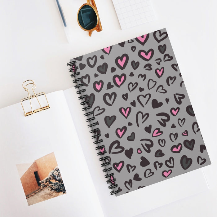 Gray Leopard Hearts Spiral Lined Notebook