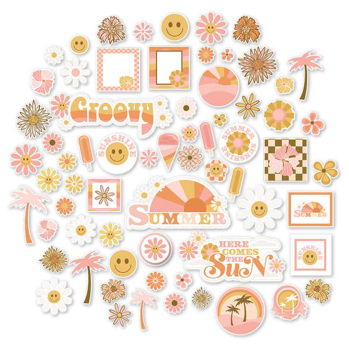 Groovy Die Cuts, main product image, showing pre-cut scrapbook embellishments for layouts, handmade cards, journals, mini albums, memory pages, and layered paper crafts. Buyer theme: Retro Summer Die Cuts & 70s Scrapbook Embellishments. Groovy Die Cuts with retro summer titles, smiling daisies, smiley faces, sunbursts, palm trees, florals, popsicles, ice cream, frames and playful 70s accents. Designed for Retro summer scrapbook layouts, Vacation photo albums, Sunny summer memory pages