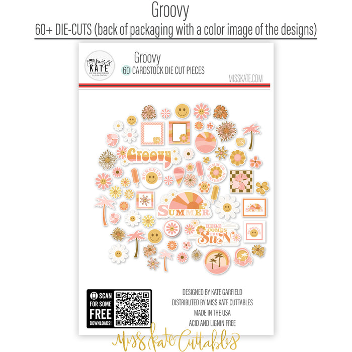 Groovy Die Cuts, back packaging image, showing pre-cut scrapbook embellishments for layouts, handmade cards, journals, mini albums, memory pages, and layered paper crafts. Buyer theme: Retro Summer Die Cuts & 70s Scrapbook Embellishments. Groovy Die Cuts with retro summer titles, smiling daisies, smiley faces, sunbursts, palm trees, florals, popsicles, ice cream, frames and playful 70s accents. Designed for Mini albums, Junk journals, Sunny day memory keeping