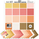 Groovy Cardstock, main product image, showing 12x12 printed smooth cardstock for scrapbook page bases, photo mats, card making, die cutting, titles, borders, and layered paper projects. Buyer theme: Warm Retro Printed Smooth Cardstock. Groovy Printed Smooth Cardstock in coordinating cream, yellow, peach, coral, pink, orange, tan and brown shades. Coordinating patterns include Retro daisy prints, Coral and pink checkerboards, Warm 70s floral patterns