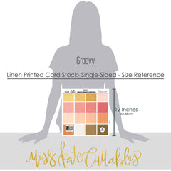 Groovy Cardstock, size guide image, showing 12x12 printed smooth cardstock for scrapbook page bases, photo mats, card making, die cutting, titles, borders, and layered paper projects. Buyer theme: Warm Retro Printed Smooth Cardstock. Groovy Printed Smooth Cardstock in coordinating cream, yellow, peach, coral, pink, orange, tan and brown shades. Coordinating patterns include Warm 70s floral patterns, Polka dots and gingham, Wavy sunset stripes