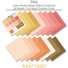 Groovy Cardstock, papers spread out image, showing 12x12 printed smooth cardstock for scrapbook page bases, photo mats, card making, die cutting, titles, borders, and layered paper projects. Buyer theme: Warm Retro Printed Smooth Cardstock. Groovy Printed Smooth Cardstock in coordinating cream, yellow, peach, coral, pink, orange, tan and brown shades. Coordinating patterns include Polka dots and gingham, Wavy sunset stripes, Smiley flower repeats