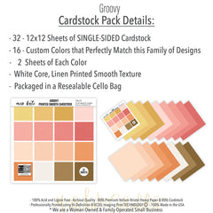 Groovy Cardstock, includes image, showing 12x12 printed smooth cardstock for scrapbook page bases, photo mats, card making, die cutting, titles, borders, and layered paper projects. Buyer theme: Warm Retro Printed Smooth Cardstock. Groovy Printed Smooth Cardstock in coordinating cream, yellow, peach, coral, pink, orange, tan and brown shades. Coordinating patterns include Wavy sunset stripes, Smiley flower repeats, Sunshine and summer word patterns