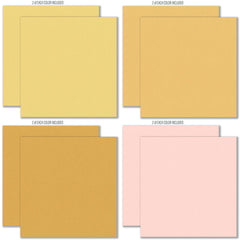 Groovy Cardstock, cardstock paper patterns 1 through 8 preview, showing 12x12 printed smooth cardstock for scrapbook page bases, photo mats, card making, die cutting, titles, borders, and layered paper projects. Buyer theme: Warm Retro Printed Smooth Cardstock. Groovy Printed Smooth Cardstock in coordinating cream, yellow, peach, coral, pink, orange, tan and brown shades. Coordinating patterns include Smiley flower repeats, Sunshine and summer word patterns, Cream and brown floral repeats