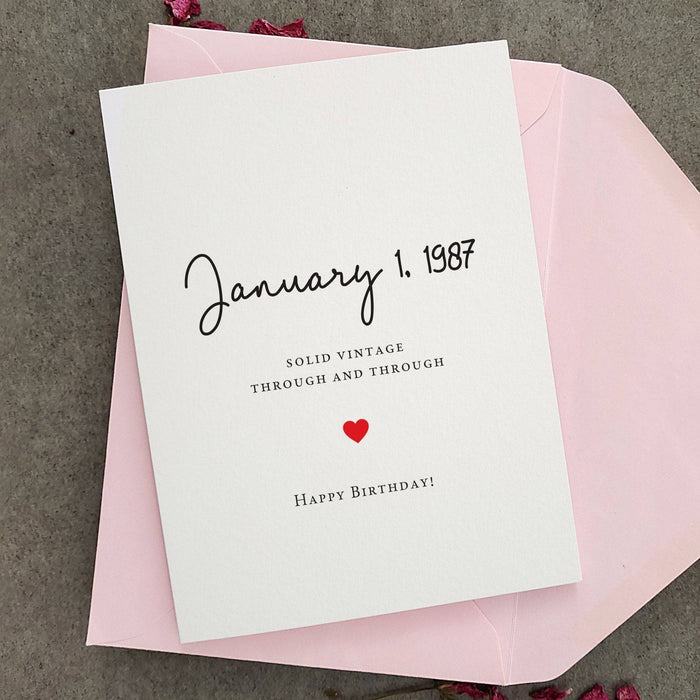Greeting card styled with light pink envelope, personalized with date and birthday message, accented by a red heart — XOXOKristen.