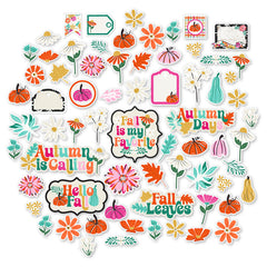 Hello Fall Die Cuts, main product image, showing pre-cut scrapbook embellishments for layouts, handmade cards, journals, mini albums, memory pages, and layered paper crafts. Buyer theme: Autumn Die Cuts & Fall Scrapbook Embellishments. Hello Fall Die Cuts with autumn titles, pumpkins, gourds, colorful leaves, daisies, coneflowers, botanical sprigs, tags, labels and framed accents. Coordinating patterns include Orange and teal checkerboards, Black and orange houndstooth, Colorful autumn florals