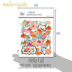 Hello Fall Die Cuts, size guide shown in hand for scale, showing pre-cut scrapbook embellishments for layouts, handmade cards, journals, mini albums, memory pages, and layered paper crafts. Buyer theme: Autumn Die Cuts & Fall Scrapbook Embellishments. Hello Fall Die Cuts with autumn titles, pumpkins, gourds, colorful leaves, daisies, coneflowers, botanical sprigs, tags, labels and framed accents. Designed for Pumpkin patch photo albums, Autumn family memories, Card making