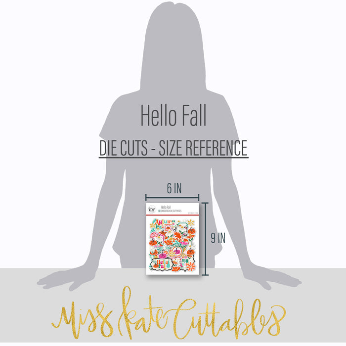 Hello Fall Die Cuts, size guide image, showing pre-cut scrapbook embellishments for layouts, handmade cards, journals, mini albums, memory pages, and layered paper crafts. Buyer theme: Autumn Die Cuts & Fall Scrapbook Embellishments. Hello Fall Die Cuts with autumn titles, pumpkins, gourds, colorful leaves, daisies, coneflowers, botanical sprigs, tags, labels and framed accents. Coordinating patterns include Colorful autumn florals, Pumpkin and gourd repeats, Falling leaf patterns
