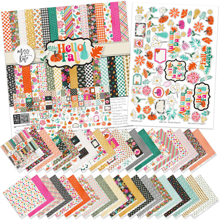 Hello Fall Paper & Sticker Kit, main product image, showing 12x12 scrapbook paper and coordinating stickers for scrapbook layouts, photo albums, memory keeping, cards, and paper crafts. Buyer theme: Fall & Autumn Scrapbook Paper & Sticker Kit. Hello Fall Paper & Sticker Kit with pumpkins, gourds, autumn leaves, bright florals, checkerboards, houndstooth and colorful fall phrases in orange, pink, aqua, teal, mustard, green, cream and black
