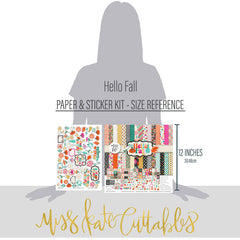 Hello Fall Paper & Sticker Kit, size guide image, showing 12x12 scrapbook paper and coordinating stickers for scrapbook layouts, photo albums, memory keeping, cards, and paper crafts. Buyer theme: Fall & Autumn Scrapbook Paper & Sticker Kit. Hello Fall Paper & Sticker Kit with pumpkins, gourds, autumn leaves, bright florals, checkerboards, houndstooth and colorful fall phrases in orange, pink, aqua, teal, mustard, green, cream and black. Designed for Card making, Mini albums, Junk journals