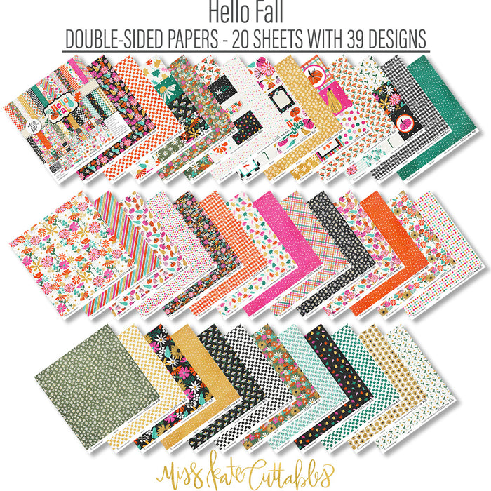 Hello Fall Paper & Sticker Kit, paper and sticker kit spread out image, showing 12x12 scrapbook paper and coordinating stickers for scrapbook layouts, photo albums, memory keeping, cards, and paper crafts. Buyer theme: Fall & Autumn Scrapbook Paper & Sticker Kit. Hello Fall Paper & Sticker Kit with pumpkins, gourds, autumn leaves, bright florals, checkerboards, houndstooth and colorful fall phrases in orange, pink, aqua, teal, mustard, green, cream and black