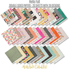 Hello Fall Paper & Sticker Kit, paper and sticker kit spread out image, showing 12x12 scrapbook paper and coordinating stickers for scrapbook layouts, photo albums, memory keeping, cards, and paper crafts. Buyer theme: Fall & Autumn Scrapbook Paper & Sticker Kit. Hello Fall Paper & Sticker Kit with pumpkins, gourds, autumn leaves, bright florals, checkerboards, houndstooth and colorful fall phrases in orange, pink, aqua, teal, mustard, green, cream and black