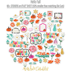 Hello Fall Stickers, alternate sticker sheet spread out image, showing coordinating scrapbook stickers for layouts, planners, journals, cards, memory albums, titles, and quick finishing details. Buyer theme: Fall Stickers for Scrapbooks, Journals & Planners. Hello Fall Sticker Sheet with scaled fall titles, pumpkins, gourds, leaves, flowers, botanical sprigs, labels and frames for scrapbook pages, planners and journals. Designed for Card making, Mini albums, Junk journals