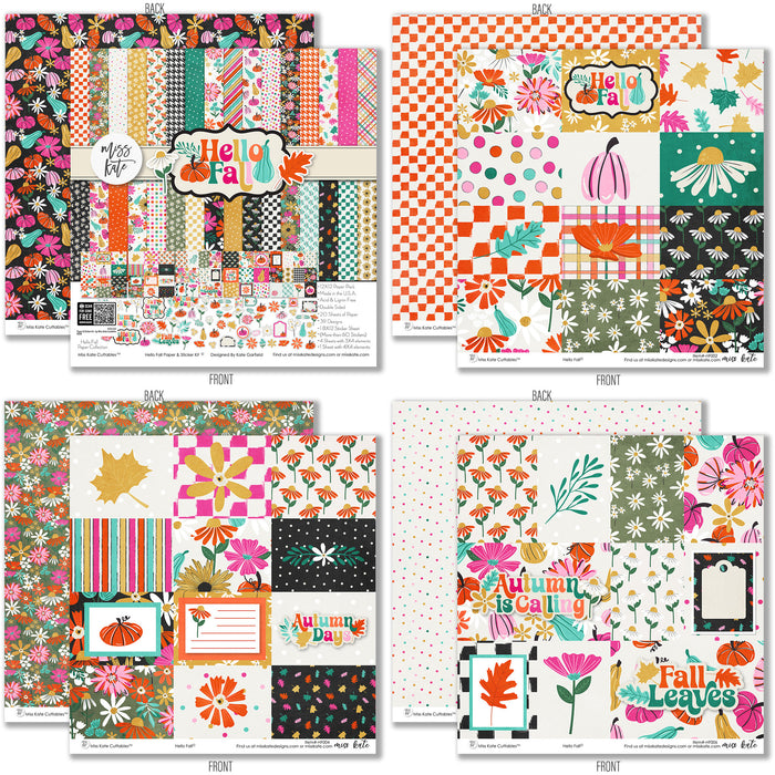 Hello Fall Paper & Sticker Kit, 12x12 paper designs cover to 6 preview, showing 12x12 scrapbook paper and coordinating stickers for scrapbook layouts, photo albums, memory keeping, cards, and paper crafts. Buyer theme: Fall & Autumn Scrapbook Paper & Sticker Kit. Hello Fall Paper & Sticker Kit with pumpkins, gourds, autumn leaves, bright florals, checkerboards, houndstooth and colorful fall phrases in orange, pink, aqua, teal, mustard, green, cream and black