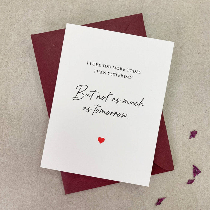 Love card displayed with deep red envelope, featuring minimalist typography and heart design, perfect for anniversaries or Valentine’s Day — XOXOKristen.