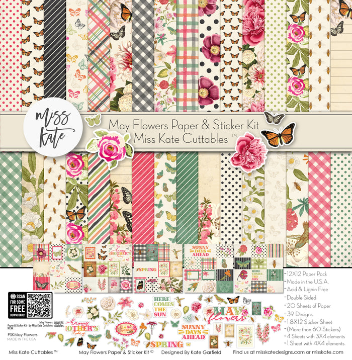 May Flowers Paper & Sticker Kit, high resolution cover image, showing 12x12 scrapbook paper and coordinating stickers for scrapbook layouts, photo albums, memory keeping, cards, and paper crafts. Buyer theme: Spring Garden Scrapbook Paper & Sticker Kit. 12x12 May Flowers Paper & Sticker Kit with spring floral patterned papers, garden element cards and coordinating botanical stickers. Color palette includes Rose pink, coral, blush, sage green, mint, yellow, orange, cream and charcoal
