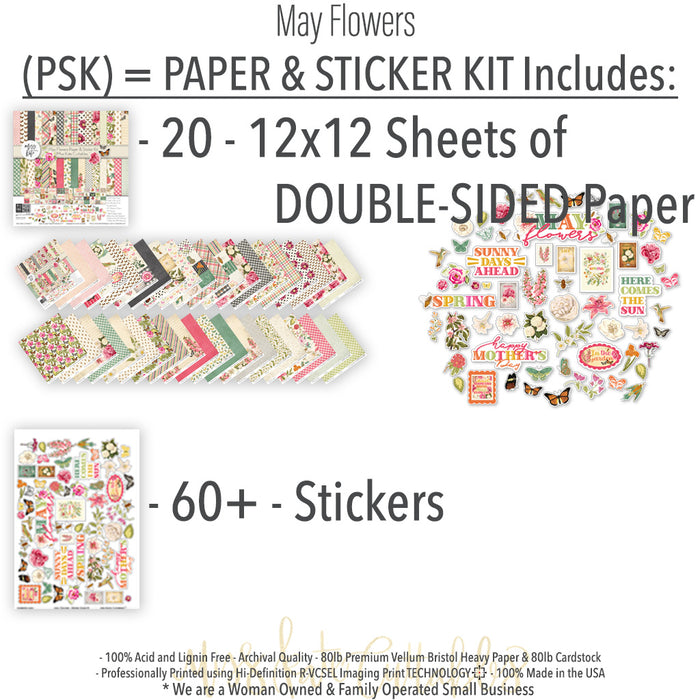 May Flowers Paper & Sticker Kit, includes image, showing 12x12 scrapbook paper and coordinating stickers for scrapbook layouts, photo albums, memory keeping, cards, and paper crafts. Buyer theme: Spring Garden Scrapbook Paper & Sticker Kit. 12x12 May Flowers Paper & Sticker Kit with spring floral patterned papers, garden element cards and coordinating botanical stickers. Color palette includes Rose pink, coral, blush, sage green, mint, yellow, orange, cream and charcoal