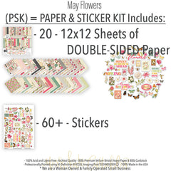 May Flowers Paper & Sticker Kit, includes image, showing 12x12 scrapbook paper and coordinating stickers for scrapbook layouts, photo albums, memory keeping, cards, and paper crafts. Buyer theme: Spring Garden Scrapbook Paper & Sticker Kit. 12x12 May Flowers Paper & Sticker Kit with spring floral patterned papers, garden element cards and coordinating botanical stickers. Color palette includes Rose pink, coral, blush, sage green, mint, yellow, orange, cream and charcoal