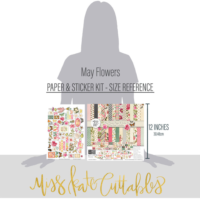 May Flowers Paper & Sticker Kit, size guide image, showing 12x12 scrapbook paper and coordinating stickers for scrapbook layouts, photo albums, memory keeping, cards, and paper crafts. Buyer theme: Spring Garden Scrapbook Paper & Sticker Kit. 12x12 May Flowers Paper & Sticker Kit with spring floral patterned papers, garden element cards and coordinating botanical stickers. Color palette includes Rose pink, coral, blush, sage green, mint, yellow, orange, cream and charcoal
