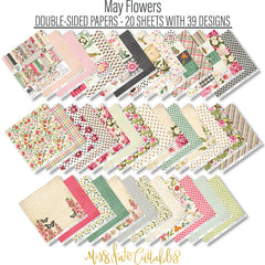 May Flowers Paper & Sticker Kit, paper and sticker kit spread out image, showing 12x12 scrapbook paper and coordinating stickers for scrapbook layouts, photo albums, memory keeping, cards, and paper crafts. Buyer theme: Spring Garden Scrapbook Paper & Sticker Kit. 12x12 May Flowers Paper & Sticker Kit with spring floral patterned papers, garden element cards and coordinating botanical stickers. Color palette includes Rose pink, coral, blush, sage green, mint, yellow, orange, cream and charcoal