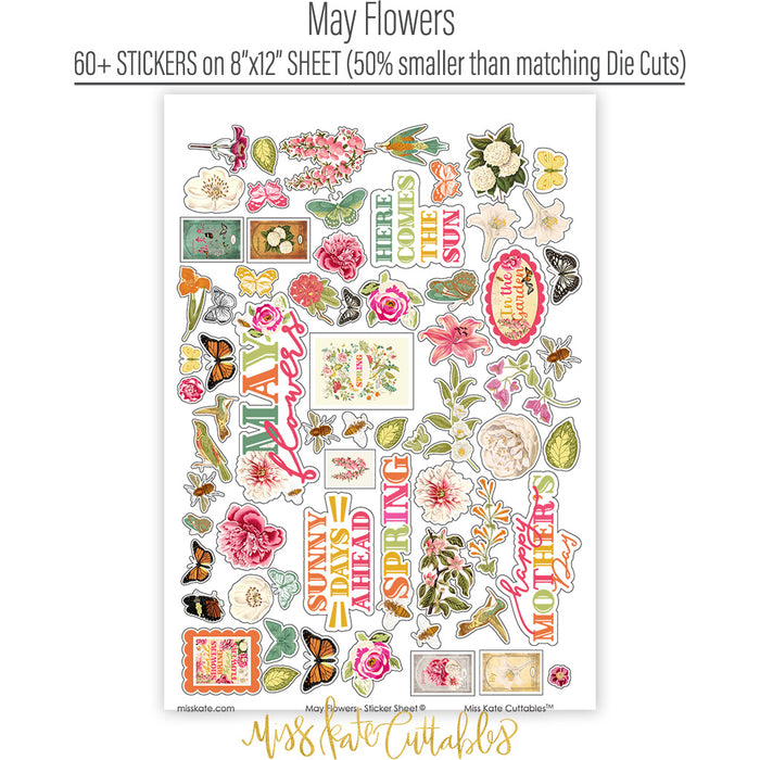 May Flowers Stickers, sticker sheet spread out image, showing coordinating scrapbook stickers for layouts, planners, journals, cards, memory albums, titles, and quick finishing details. Buyer theme: Spring Garden Stickers for Scrapbooks & Journals. May Flowers 8x12 sticker sheet with more than 60 coordinating floral, butterfly, bee, bird and garden-themed stickers. Color palette includes Rose pink, coral, blush, sage green, mint, yellow, orange, cream and charcoal