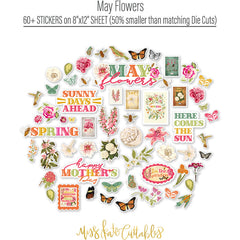 May Flowers Stickers, alternate sticker sheet spread out image, showing coordinating scrapbook stickers for layouts, planners, journals, cards, memory albums, titles, and quick finishing details. Buyer theme: Spring Garden Stickers for Scrapbooks & Journals. May Flowers 8x12 sticker sheet with more than 60 coordinating floral, butterfly, bee, bird and garden-themed stickers. Color palette includes Rose pink, coral, blush, sage green, mint, yellow, orange, cream and charcoal