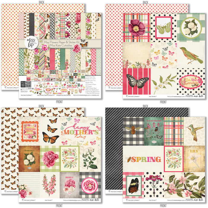 May Flowers Paper & Sticker Kit, 12x12 paper designs cover to 6 preview, showing 12x12 scrapbook paper and coordinating stickers for scrapbook layouts, photo albums, memory keeping, cards, and paper crafts. Buyer theme: Spring Garden Scrapbook Paper & Sticker Kit. 12x12 May Flowers Paper & Sticker Kit with spring floral patterned papers, garden element cards and coordinating botanical stickers. Color palette includes Rose pink, coral, blush, sage green, mint, yellow, orange, cream and charcoal