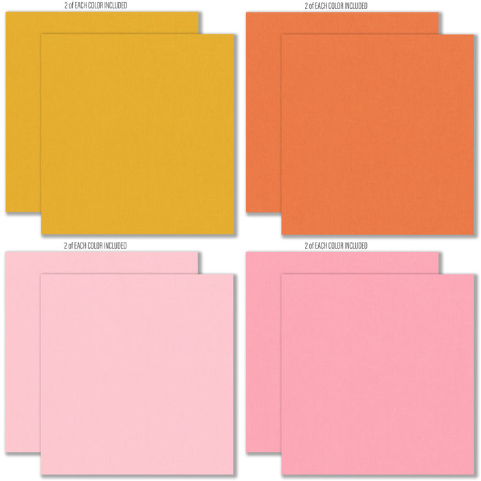 May Flowers Cardstock, cardstock paper patterns 9 through 16 preview, showing 12x12 printed smooth cardstock for scrapbook page bases, photo mats, card making, die cutting, titles, borders, and layered paper projects. Buyer theme: Spring Floral Pink & Green Printed Cardstock. May Flowers Printed Smooth Cardstock in sixteen coordinating pink, green, yellow, orange, cream and charcoal linen-look colors