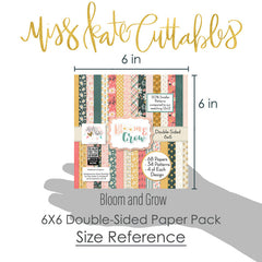 Bloom and Grow 6x6 Double-Sided Paper Pack, size guide shown in hand for scale, showing 6x6 scrapbook paper for handmade cards, mini albums, junk journals, paper layering, small-scale layouts, and coordinated paper crafts. Buyer theme: Spring Floral 6x6 Paper for Card Making. Bloom and Grow 6x6 double-sided scrapbook paper with scaled spring floral, garden, plaid, dot and stripe patterns for cards and mini albums